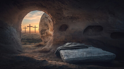 Easter, 3 crosses, the moment after Jesus Christ left his tomb, a beautiful sunrise