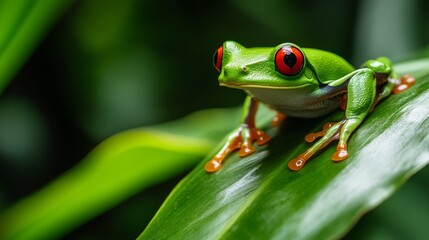Obraz premium Red-eyed tree frog perched on green leaf in lush rainforest environment