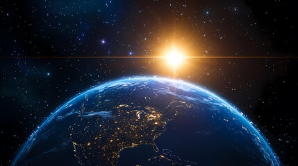 Obraz premium Earth from Space with Blue Planet and Bright Sun