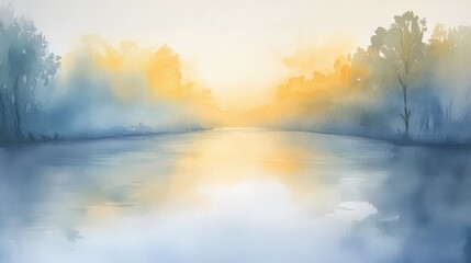 Fototapeta premium Watercolor painting capturing a serene river landscape at sunrise or sunset
