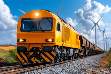 Fototapeta premium Yellow train, rural landscape, wind turbines