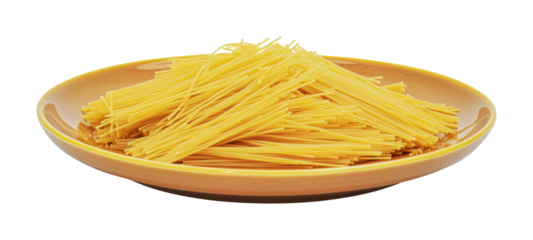 Culinary creation showcasing uncooked spaghetti on a vibrant yellow plate for cooking enthusiasts and Italian cuisine lovers, cut out