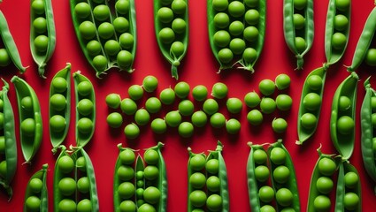 Fresh Green Pea Pods Laid Out on Vibrant Red Background, Generative AI