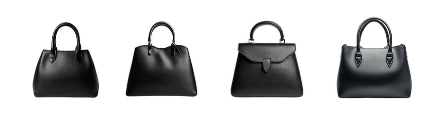 A collection of black leather handbags placed centrally on a solid white background, isolated in PNG format, perfect for fashion, retail, and lifestyle designs.

