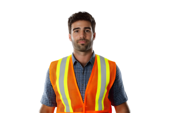 High-visibility safety vest with reflective stripes for construction workers on transparent background