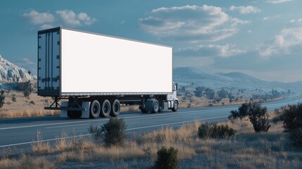 3D rendering of a white, blank billboard on the side of a truck moving down a highway.