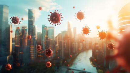 Obraz premium An illustrated depiction of virus cells floating on the air in modern city with a beautiful view, Comfortable space and hidden airborne threats, Unclean air