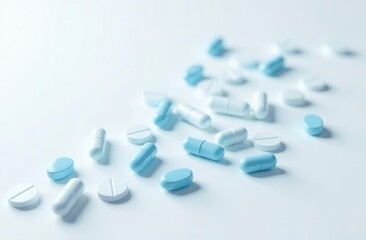 Scattered blue and white pills on white surface: medication and healthcare concept