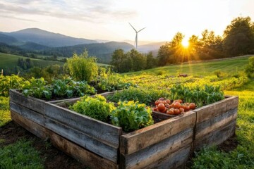 A community garden with a wind turbine in the background, generating clean energy for nearby homes