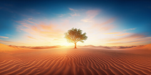 Fototapeta premium solitary tree stands majestically in vast desert landscape, illuminated by stunning sunset. warm hues of sky blend beautifully with rippled sand dunes, creating serene and tranquil atmosphere