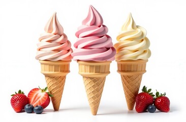 Assorted soft serve ice cream cones with fresh berries on white background
