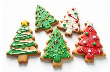 Festive decorated christmas tree cookies with colorful icing designs