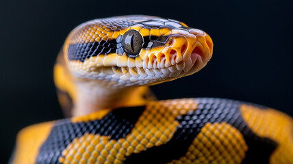 Fototapeta premium close up of ball python showcasing vibrant yellow and black scales, highlighting its unique patterns and textures. snake striking features evoke sense of fascination and beauty in reptile world