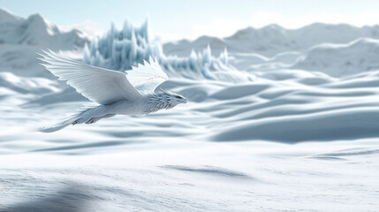 Majestic ice dragon soaring over frozen tundra, wings spread wide, showcasing its powerful presence in serene, snowy landscape