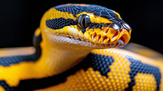 close up of ball python showcasing vibrant yellow and black scales, highlighting its unique patterns and features. snake expression is captivating and intriguing