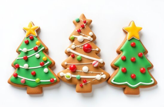 Festive christmas tree cookies decorated with icing and colorful candy ornaments