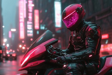 A cyberpunk ninja perched on a neon-lit skyscraper, with glowing katana blades and a holographic visor under a rain-soaked, electrified cityscape