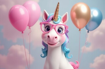 Smiling cartoon unicorn with glasses amidst colorful balloons