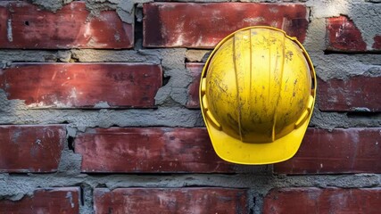 Hard hat hangs on a brick wall, emphasizing the importance of safety gear in construction environments during working hours