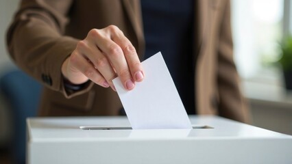 Caucasian female casting vote in election with ballot box