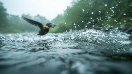 Black Bird in Flight Over Rushing River, Water Droplets Splashing