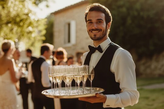 Smiling waiter serving champagne at an outdoor event, dressed in a bow tie and vest, adds sophistication to a celebratory occasion.