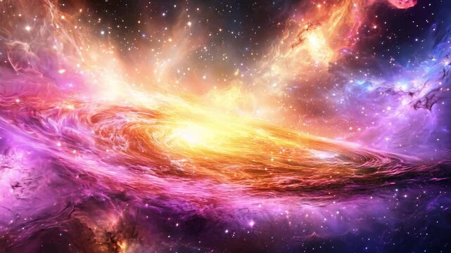 Intricate patterns of a galaxy with radiant hues of orange, pink, and purple swirling through space