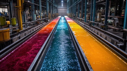 AI-monitored textile dyeing facility, automated color control ensuring perfect consistency, solar-powered water purification
