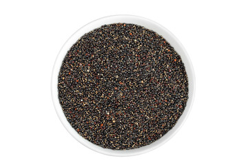 black quinoa in ceramic bowl isolated on white background. Top view. Flat lay
