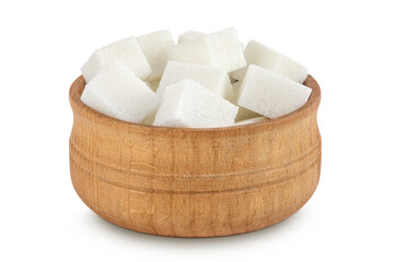 Sugar cubes in a wooden bowl isolated on white background