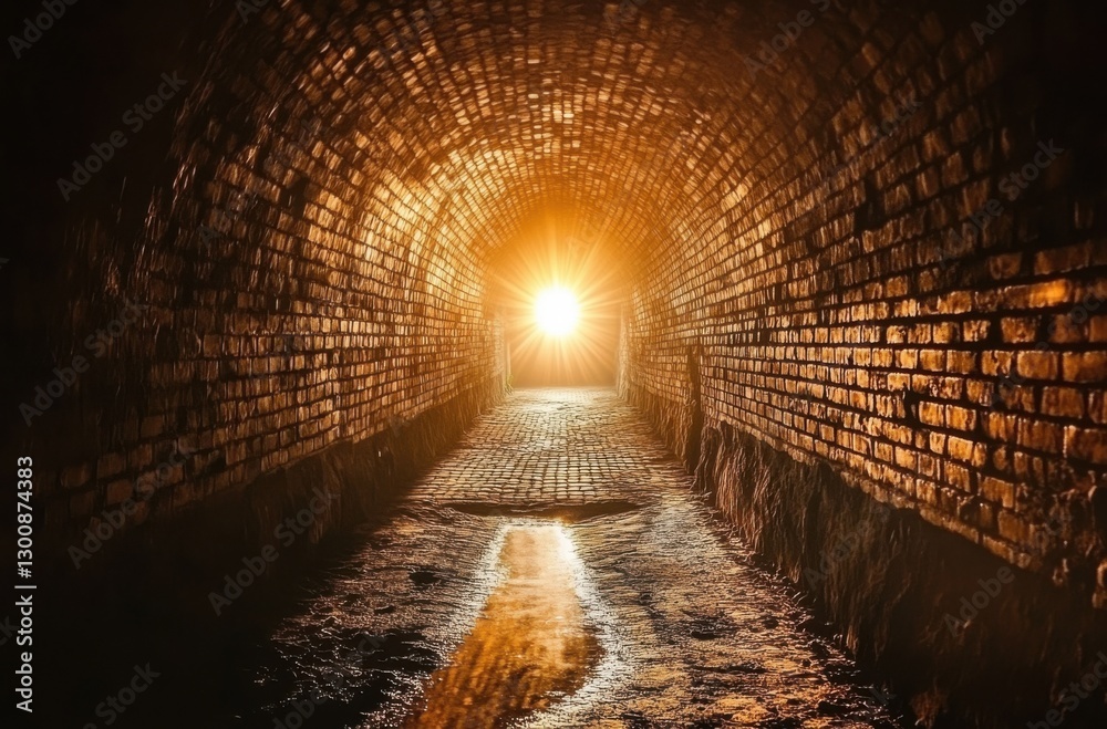 Poster an empty brick tunnel with a golden light at the end, symbolizing hope and mystery.