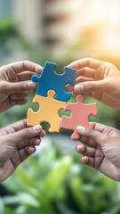Colorful puzzle pieces held by multiple hands symbolize teamwork and collaboration. vibrant colors of pieces create cheerful atmosphere, highlighting unity and problem solving