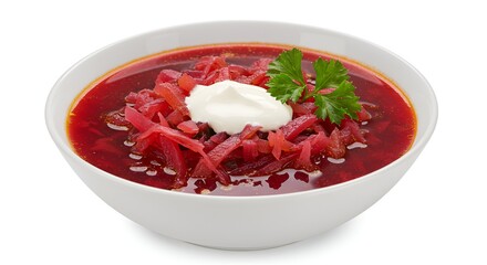 A deep white bowl filled with traditional Ukrainian borscht, garnished with sour cream and fresh parsley, isolated 