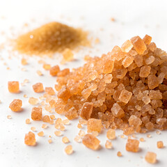 A pile of small cubic crystals of cane sugar scattered over a white surface. Another small pile of sugar is visible in the distance.