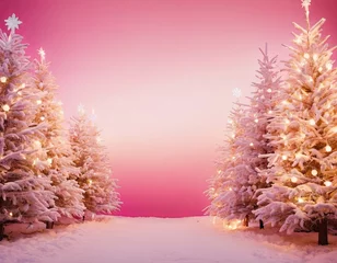 Selbstklebende Fototapeten Magical winter landscape with snow-covered Christmas trees and soft pink sky. © Nikolay