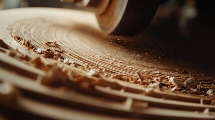 Obraz premium A close-up shot of a sander working on a piece of wood, creating sawdust.