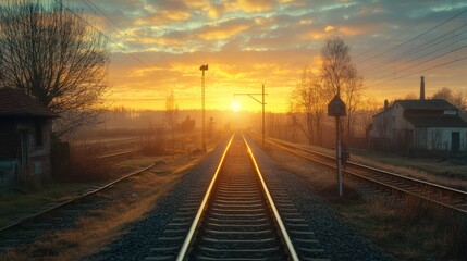 Fototapeta premium Sunrise over train tracks in misty countryside.