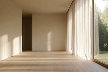 Fototapeta premium Bright Minimalist Room Interior with Sunlight Streaming Through Sheer Curtains