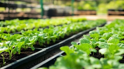 Lush green plants thrive in organized rows at a community garden, promoting local food production during the spring season