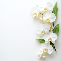 Fototapeta premium Elegant white orchids arranged beautifully on a clean background, perfect for invitations or floral design.