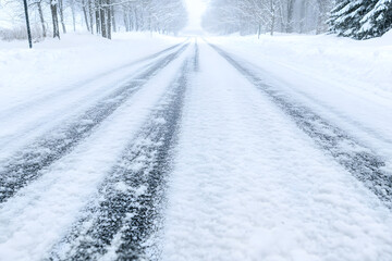 Obraz premium Winter Road: A snow-covered road with tire tracks, leading into a snow-filled scene with trees on either side.