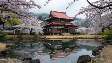 Fototapeta premium Ancient Japanese temple surrounded by cherry blossoms with misty mountains in the background