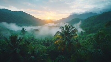 Sunrise over misty tropical valley