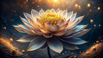 Illuminated Aquatic Bloom A Serene Image of a Water Lily with Golden Hues and Sparkling Dust