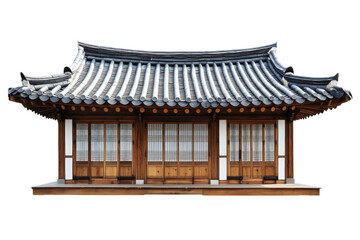 Obraz premium Traditional Korean Wooden House With Tiled Roof and Curtained Windows on a Transparent Background