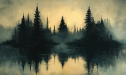 Foto auf Acrylglas Wald im Nebel Mystical forest landscape reflecting on still water.  © Andreas