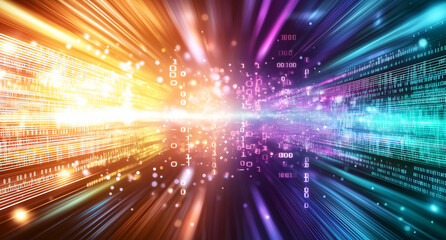 Obraz premium Vibrant abstract background with digital data streams and binary code, creating sense of motion and energy. colorful rays of light enhance dynamic feel of composition