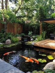 Beautiful garden features a koi pond with colorful fish