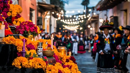 Bustling mexican day of the dead celebration in oaxaca, with vibrant altars and marigold flower