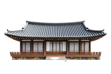 Obraz premium Traditional Korean Wooden House With Tiled Roof Isolated on Transparent Background